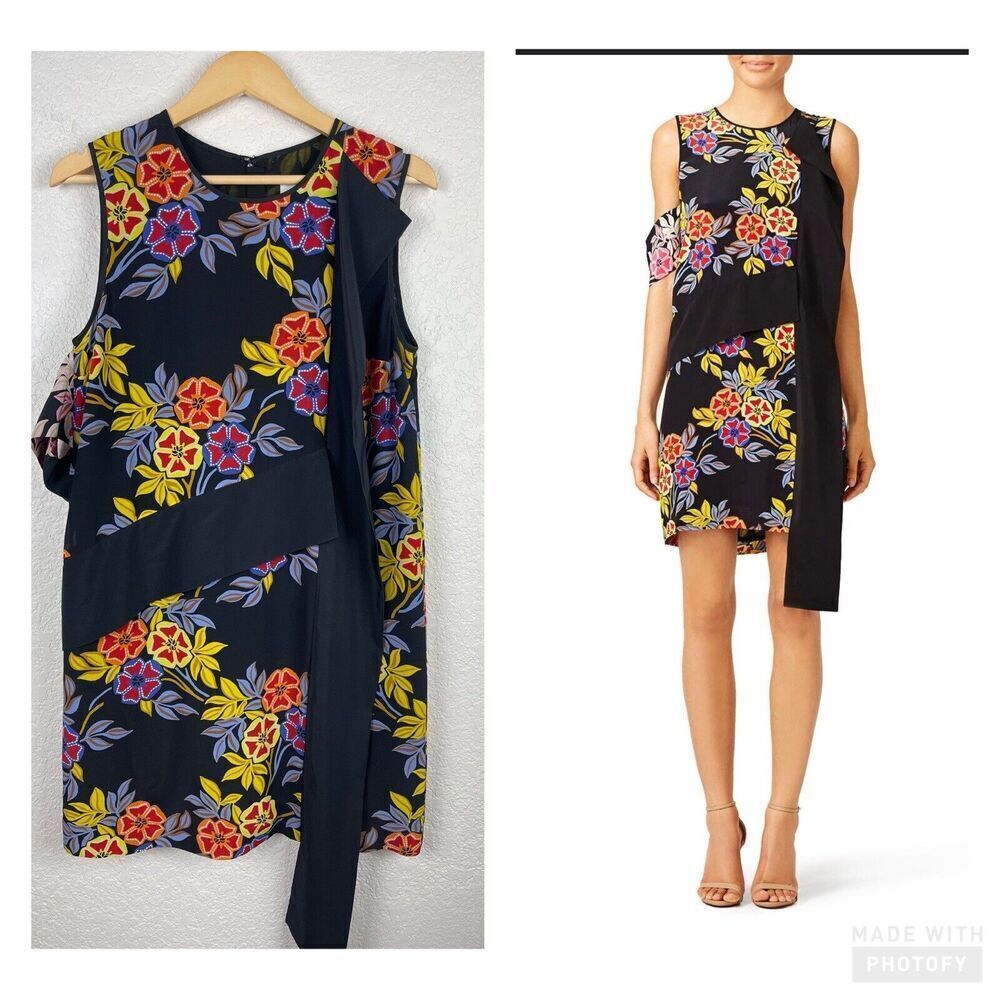 MSMG Francoise Floral 100% Silk Shift Dress Womens Size 42‎ US 6 Black Floral